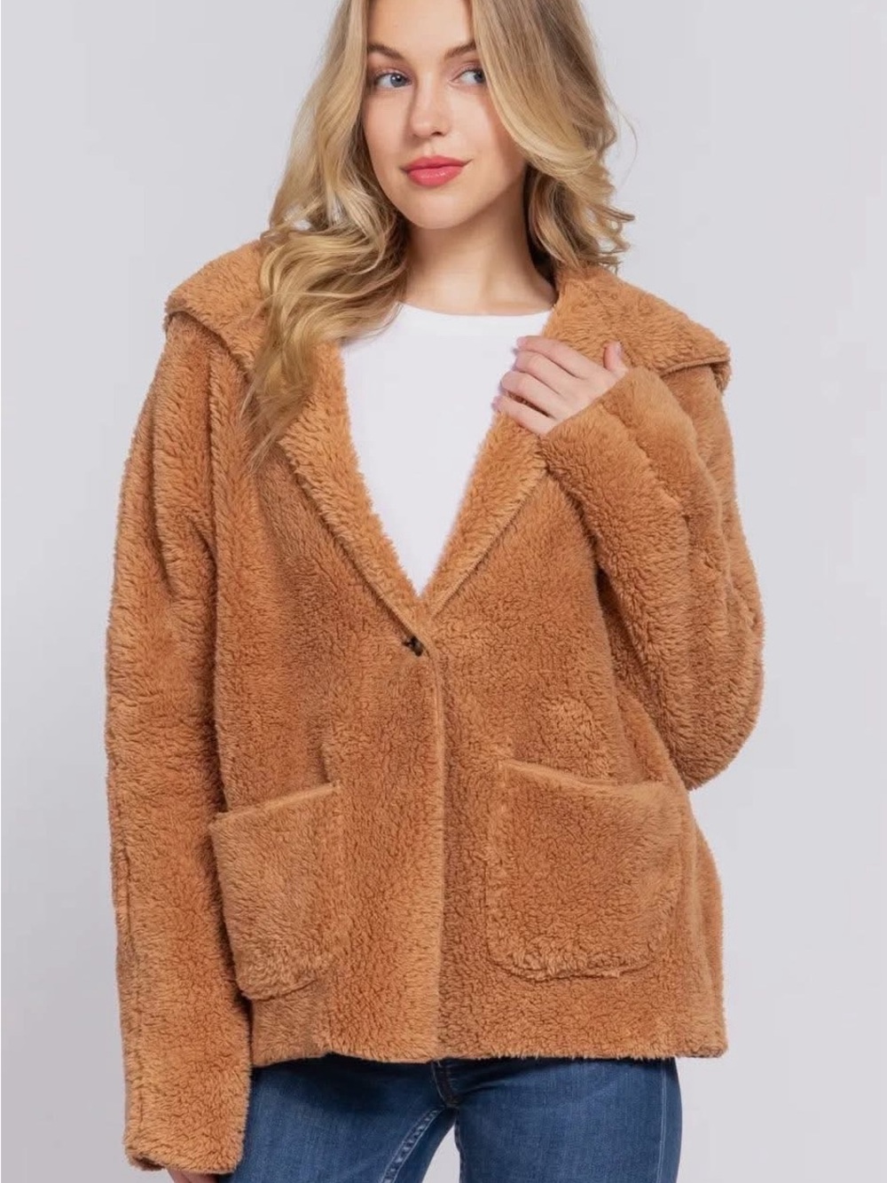 Cozy Teddy Plush Jacket - Camel